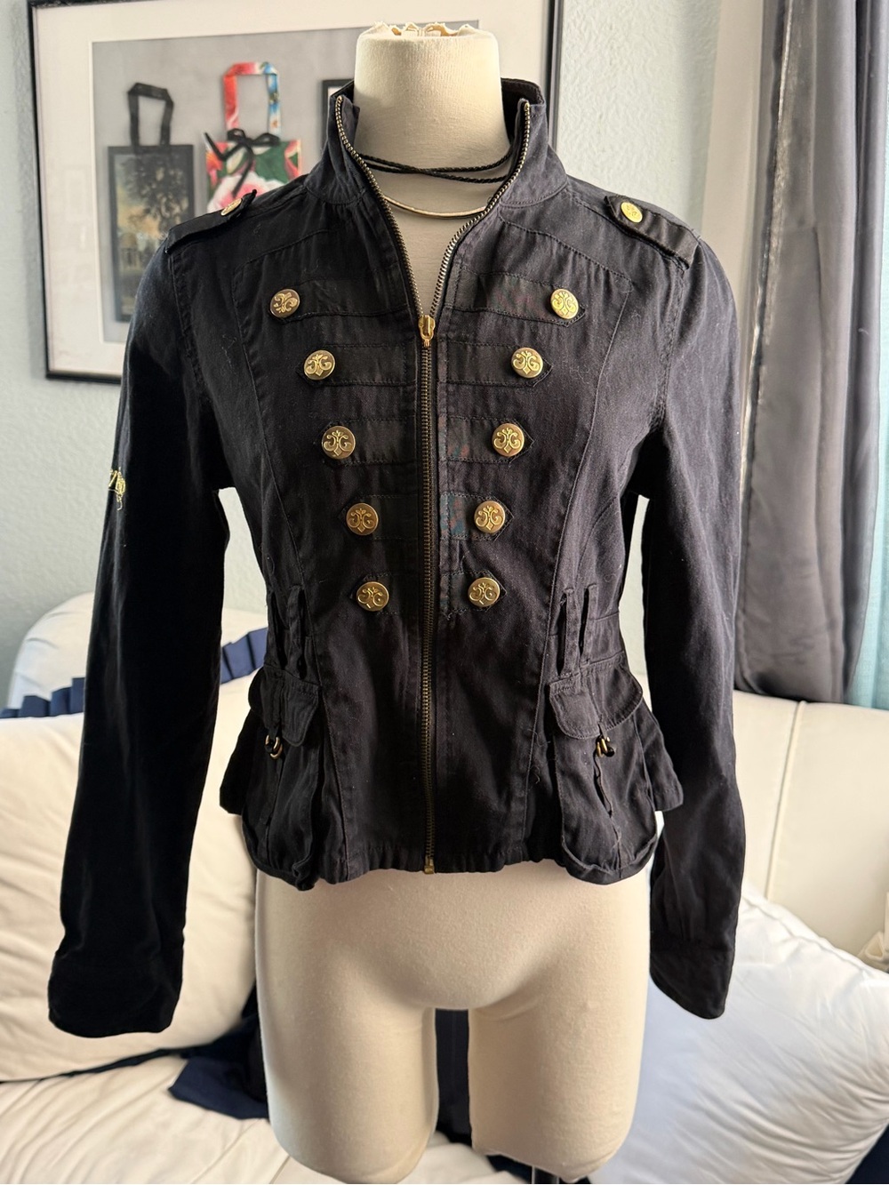 Y2K Dereon Black Military-Style Utility Jacket with Gold Buttons L